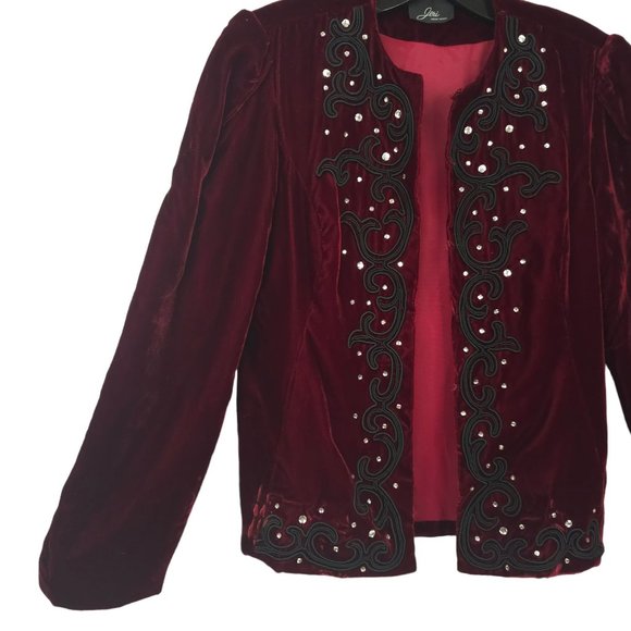Jeri New York Velvet Jacket Blazer Womens 8 Burgundy Rhinestones Long Sleeve - Picture 12 of 16